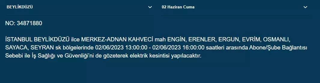 İstanbul'da O İlçelerde Elektrik Kesintisi Var! 02 Haziran 2023 Cuma 18