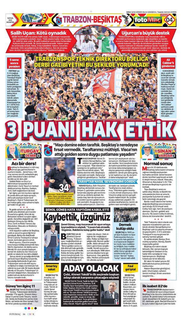 Trabzonspor Beşiktaş maçı manşetlerde nasıl yer buldu? 18 Eylül spor sayfaları 6
