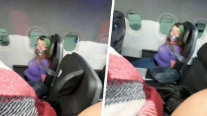 Uçaktan atlamak isteyen kadını koli bandı ile bağladılar