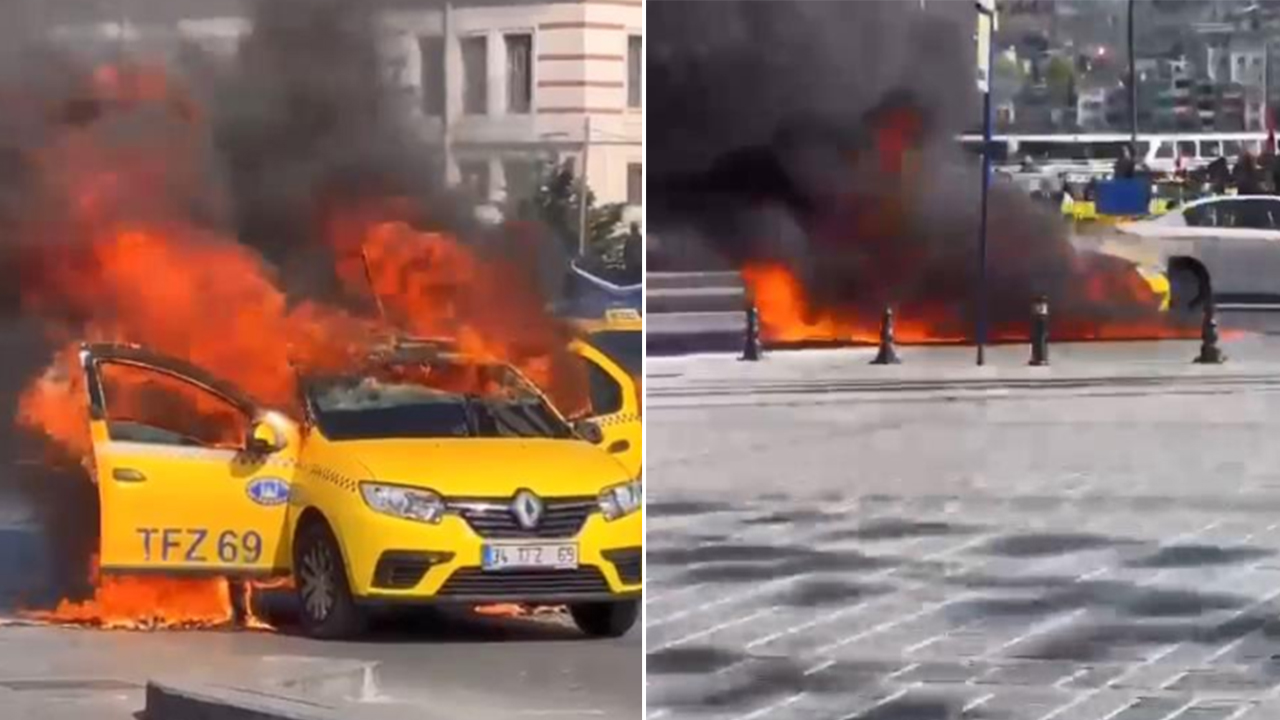 Eminönü'nde taksi alev alev yandı