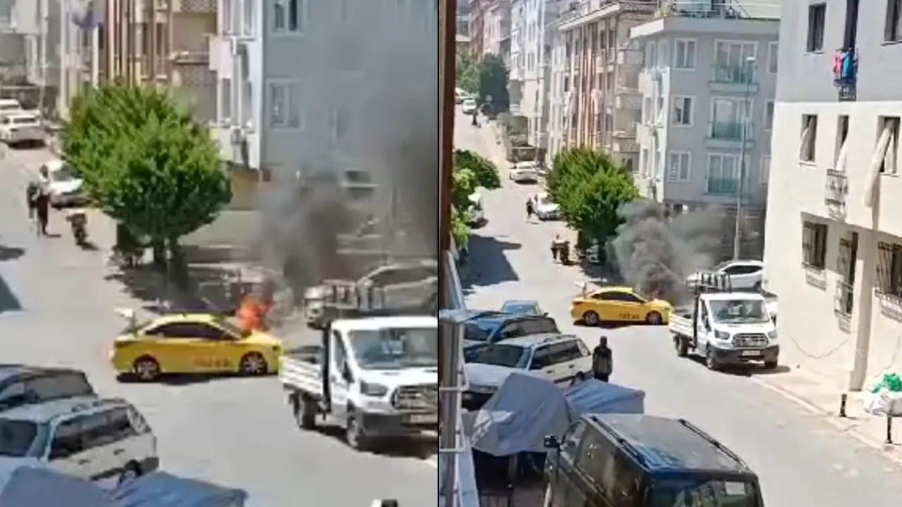 İstanbul'da panik anları: Seyir halindeki takside yangın çıktı