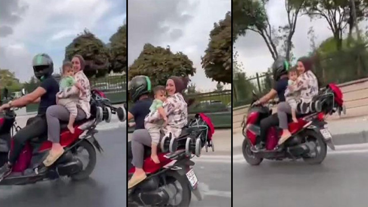 Kucağında çocukla motosiklette tehlikeli yolculuk
