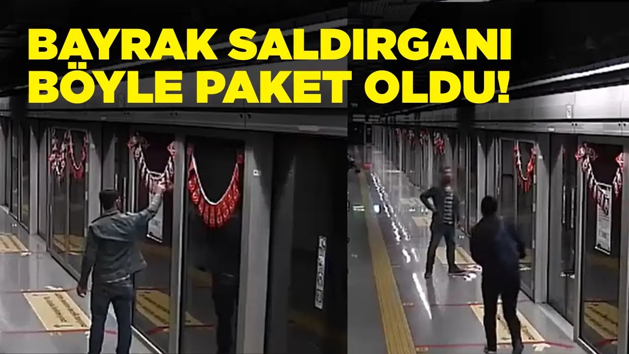 Metrodaki bayrakları yırtan adam, polis tarafından böyle etkisiz hale getirildi!