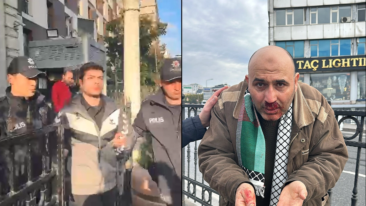 Filistin'e destek yürüyüşünde Kelime-i Tevhid bayrağı açan kişiye yumruklu saldırı