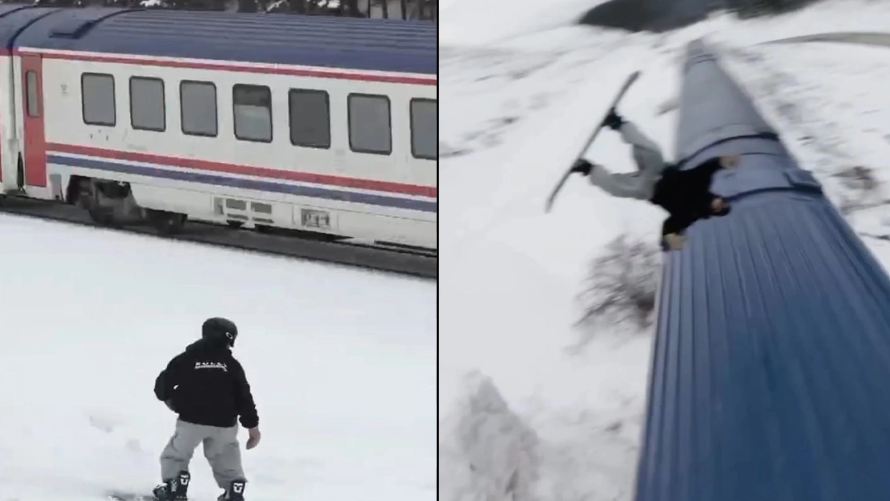 Sarıkamış'ta bir ilk: Snowboardla Doğu Ekspresi'nin üzerinden atladı