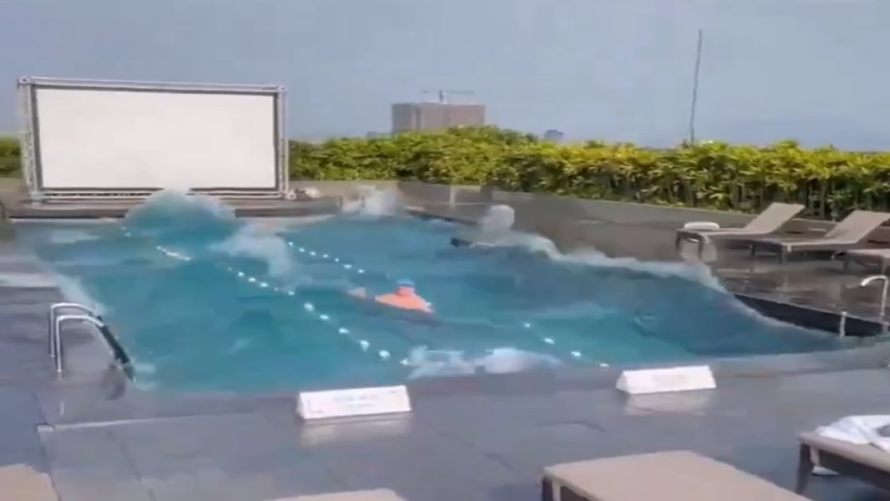 Tayvan'daki depremde havuzda yüzen adamın rahatlığı dikkat çekti