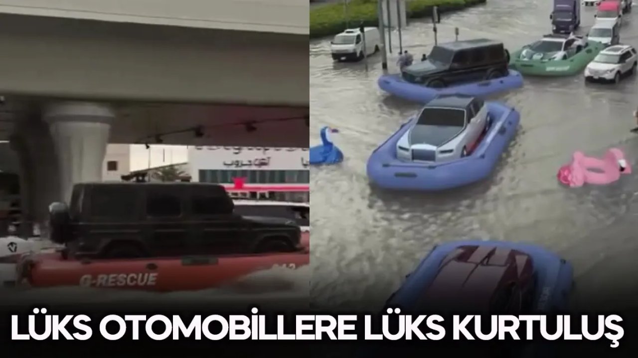 Dubai'de sular altında kalan lüks otomobiller şişme botlarla kurtarıldı