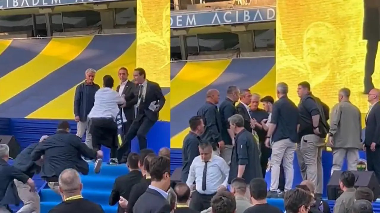 İmza töreninde gergin anlar! Taraftar sahneye atlayarak Ali Koç ve Mourinho'a sarıldı
