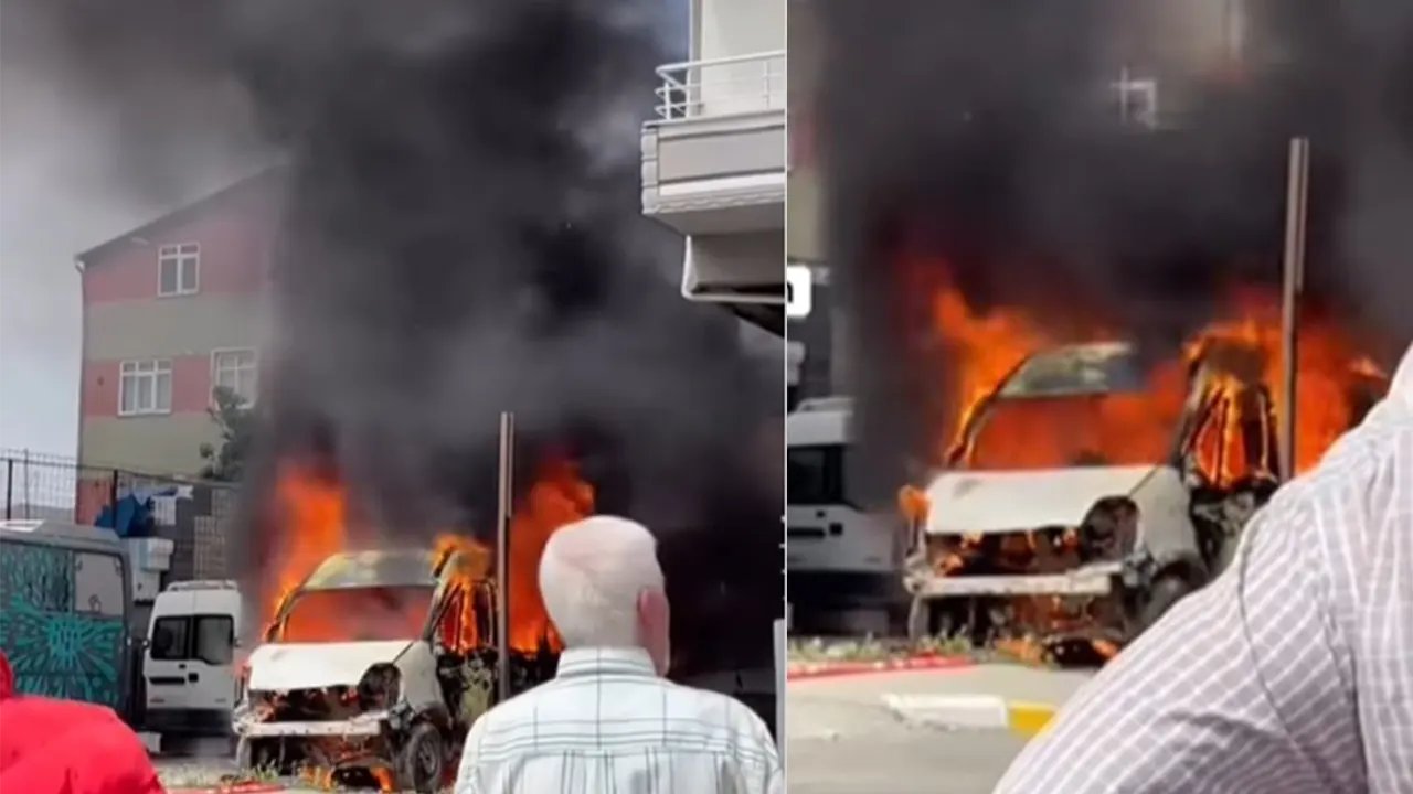 Pendik'te servis minibüsü alev alev yandı
