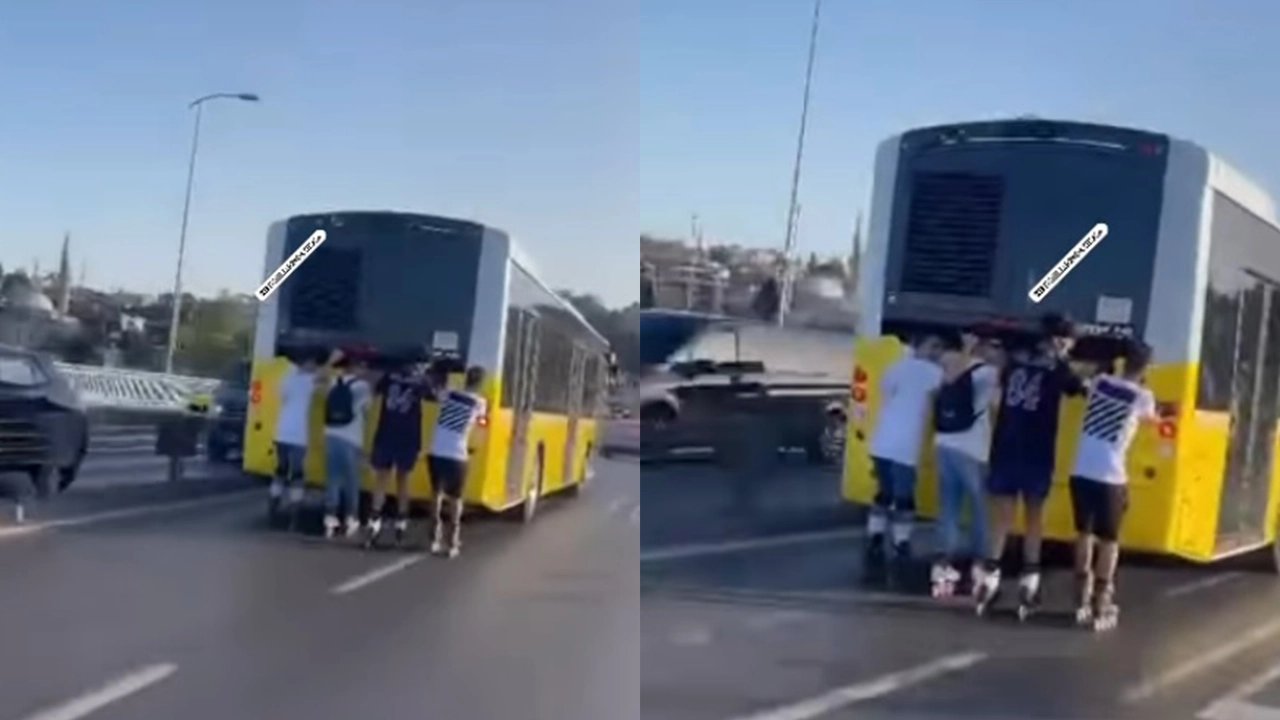 4 patenli genç, İETT otobüsüne tutunarak yolculuk etti!