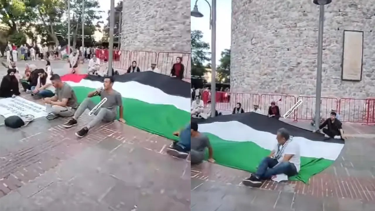 Galata Kulesi'nde bir grup Filistin'e destek eylemi yaptı!