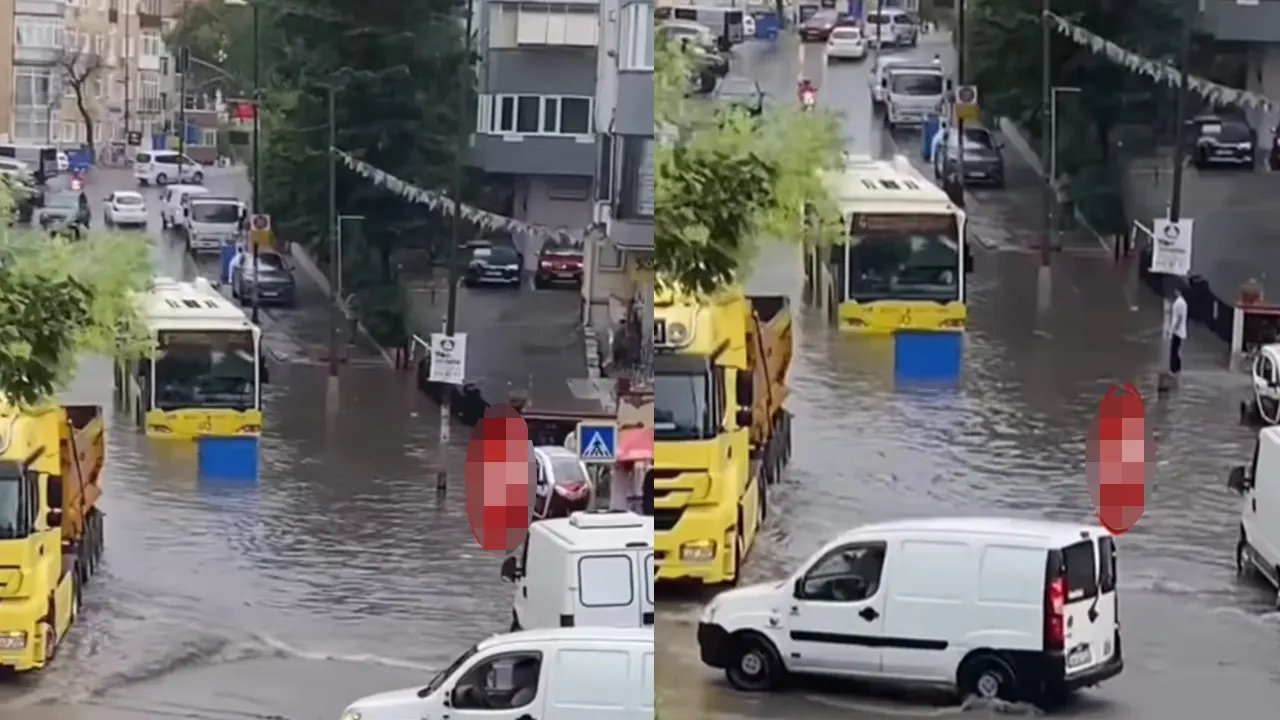 Kadıköy'de yoğun yağış sonrası İETT otobüsü mahsur kaldı