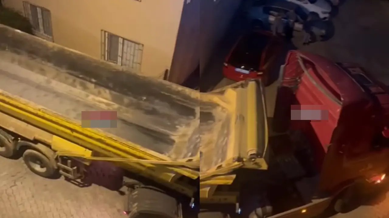 Üsküdar'da hafriyat kamyonu dar sokağa girince mahsur kaldı