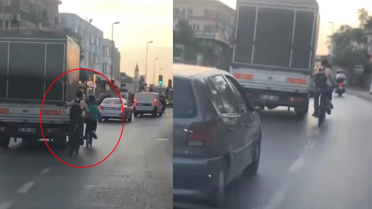 Bisikletli çocuklardan tehlikeli hamle! Araçlara tutunup yolda ilerlediler