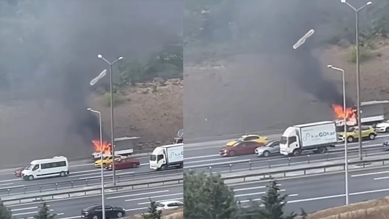 TEM'de ilerleyen kamyonet alev alev yandı