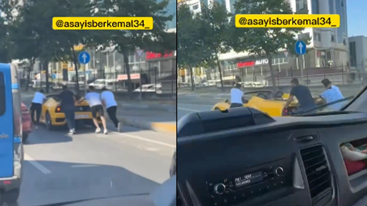 İstanbul'da Ferrari yolda kaldı, çevredekiler yardıma koştu: Dört kişi lüks otomobili böyle itti