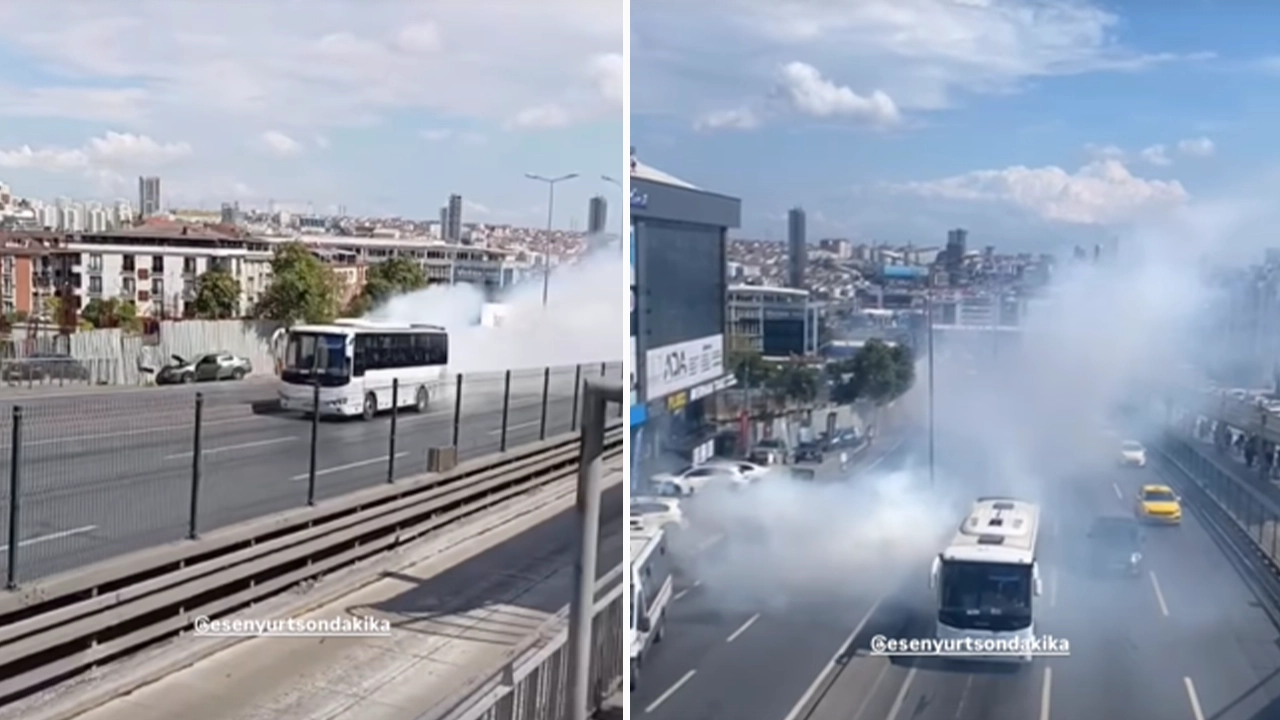 İstanbul'da yolcu otobüsü duman çıkartarak ilerledi! Etraf dumanla kaplandı, görüş mesafesi kısaldı