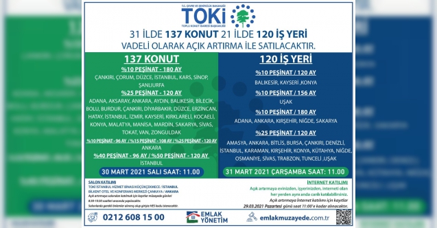 TOKİ'den vadeli olarak 137 konut, 120 iş yeri satışı