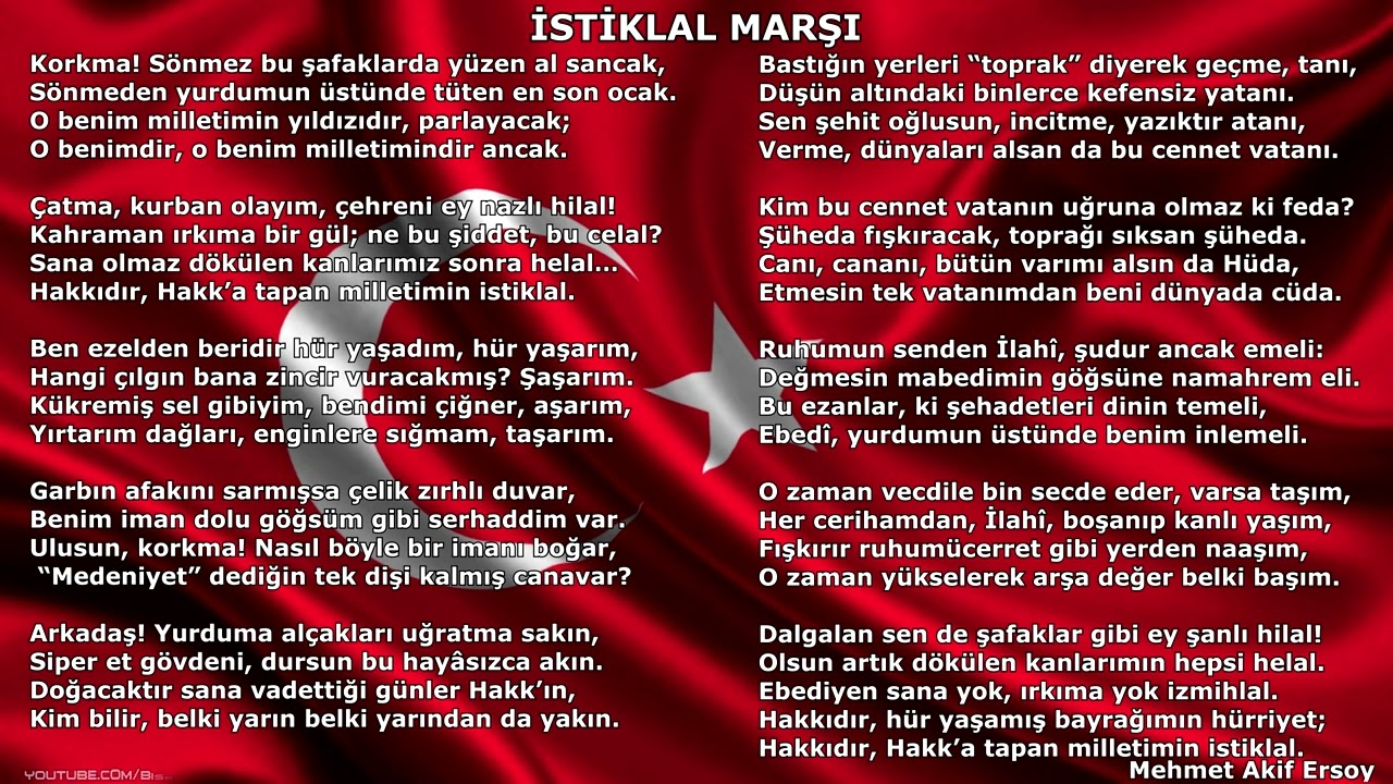 Mehmet Akif Ersoy'un yazdığı İstiklal Marşı 10 kıtası ve sözleri