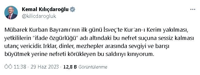Kılıçdaroğlu, İsveç'te Kur'an-ı Kerim yakılmasını kınadı