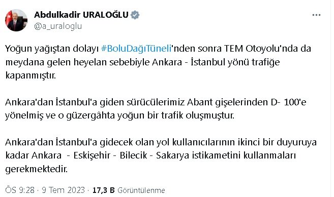 Ankara-İstanbul yolu trafiğe kapandı