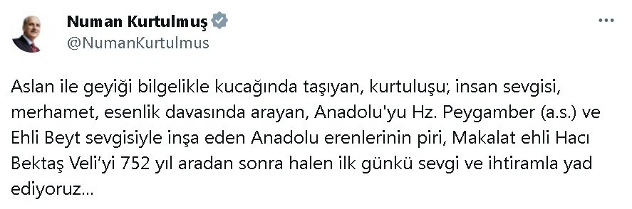 Meclis Başkanı Numan Kurtulmuş, Hacı Bektaş Veli'yi andı