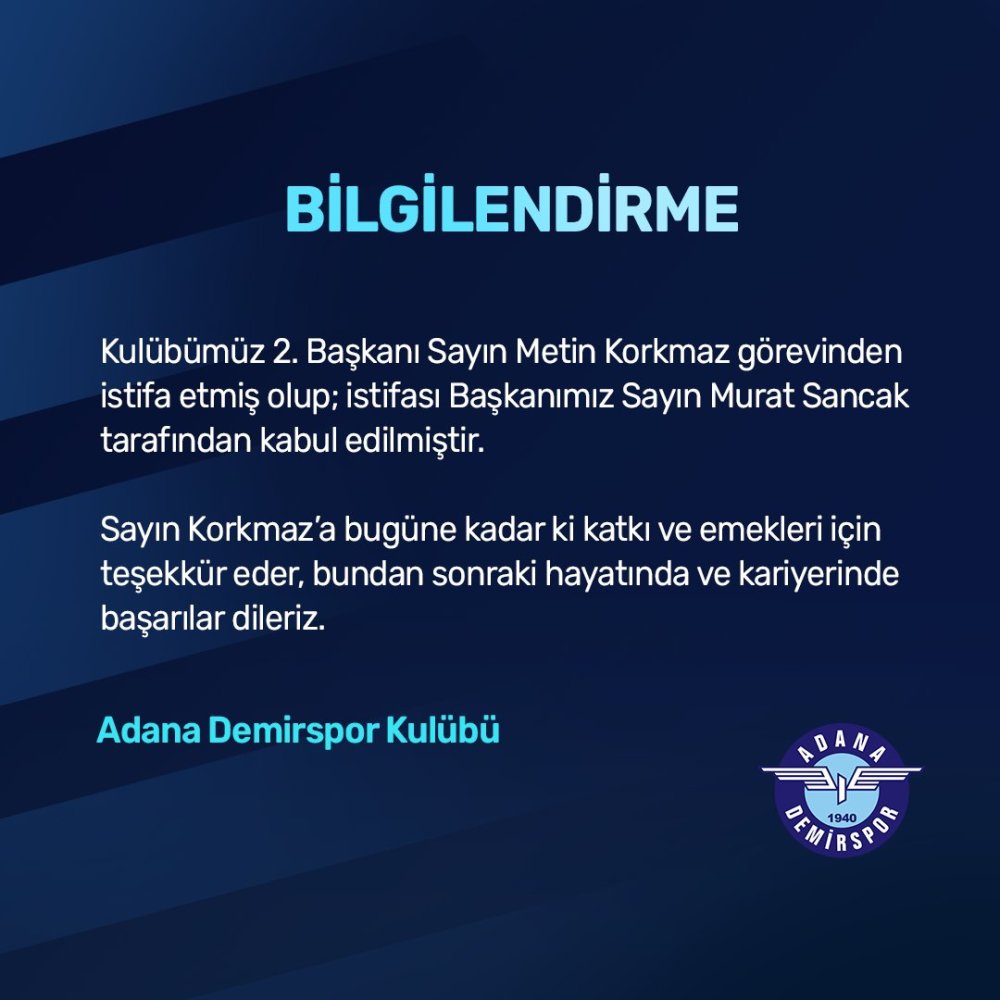 Adana Demirspor'da Metin Korkmaz istifa etti!