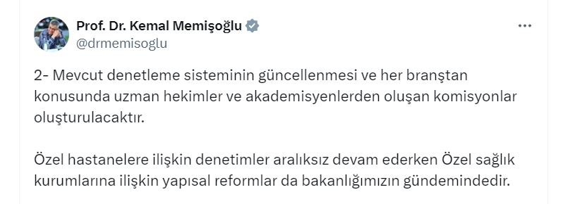 Sağlık Bakanı Kemal Memişoğlu: Denetimlerimiz tüm branşlarda yapılacak